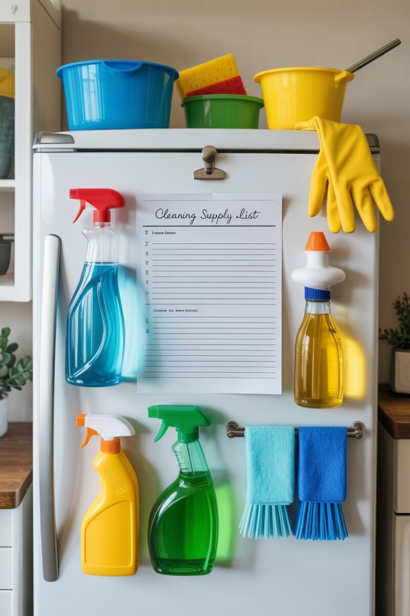 A cleaning supply wish list on a fridge, surrounded by cleaning tools and products.