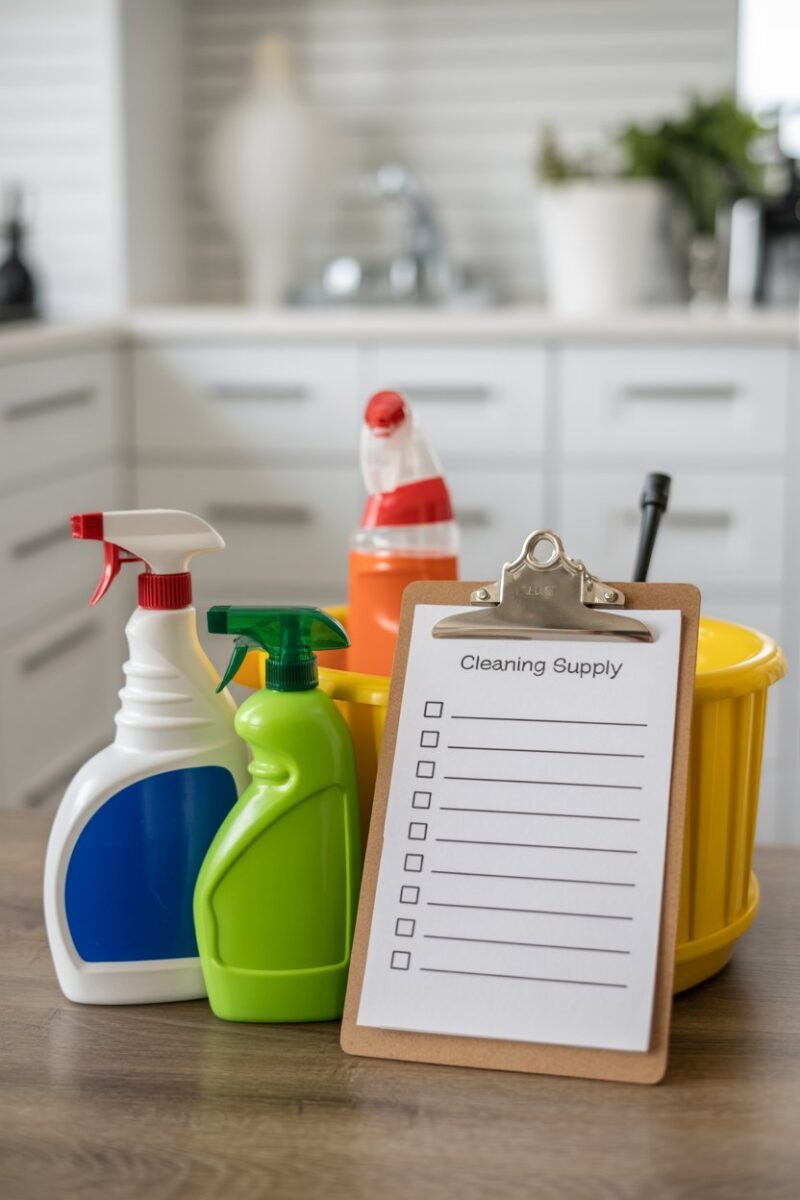 A clipboard with a cleaning supply checklist next to various cleaning products.