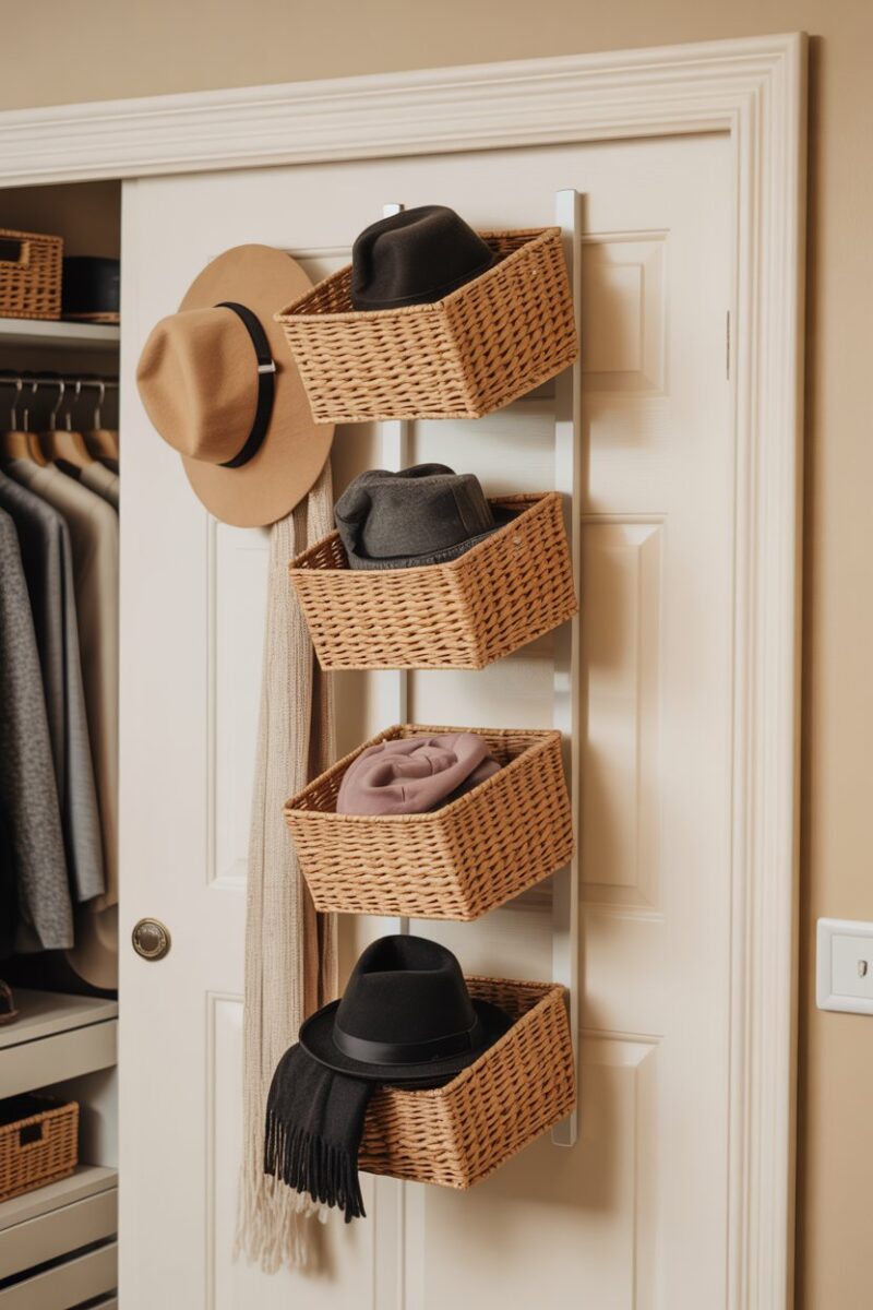 A closet door with wall-mounted baskets holding hats and scarves.