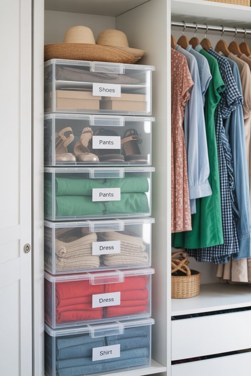 A closet with clear storage boxes labeled for easy visibility.