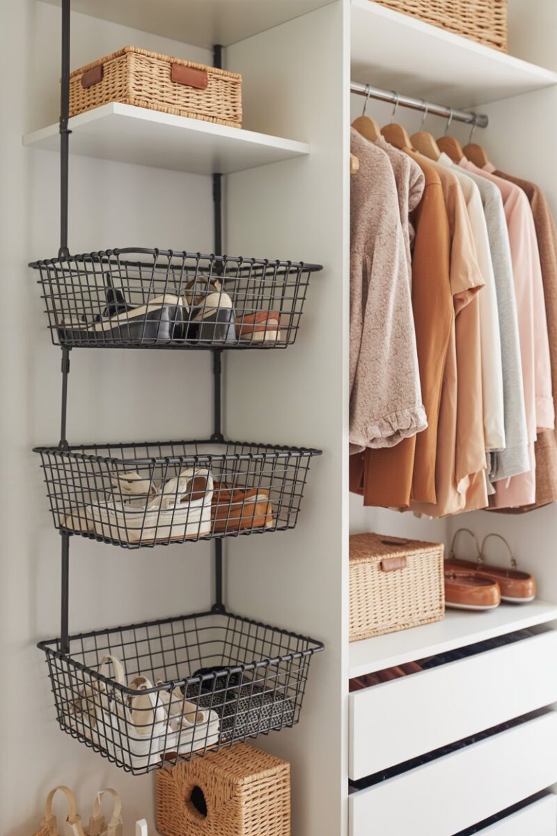 A closet with hanging wire baskets storing shoes and accessories.
