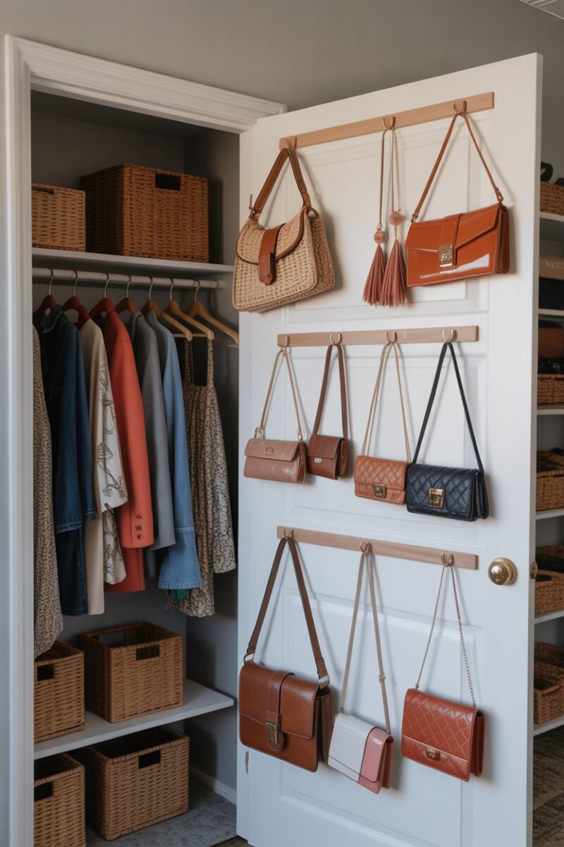 A closet with over-the-door hooks displaying various bags and accessories.