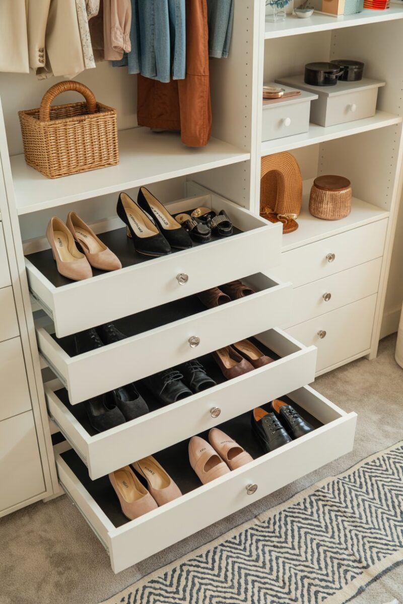 A closet with pull-out drawers displaying shoes and accessories.
