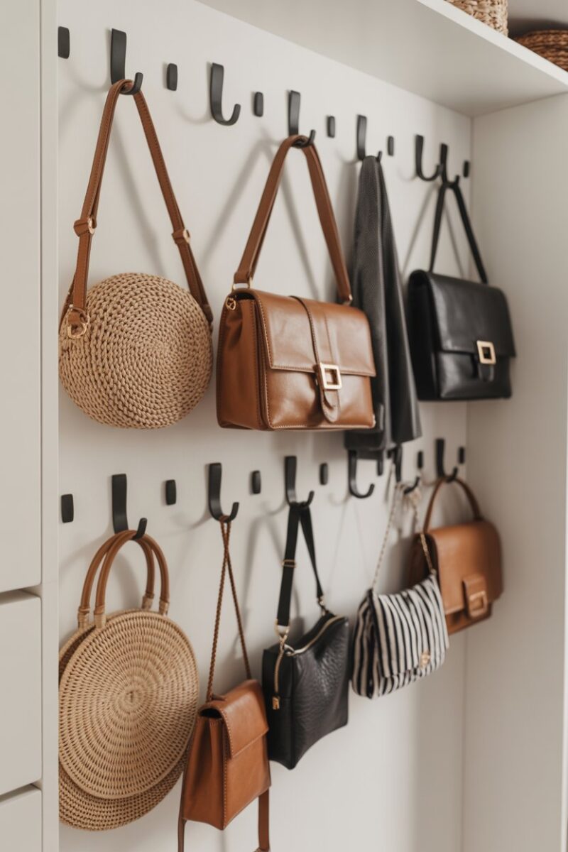 A closet with wall-mounted hooks displaying various bags and accessories.