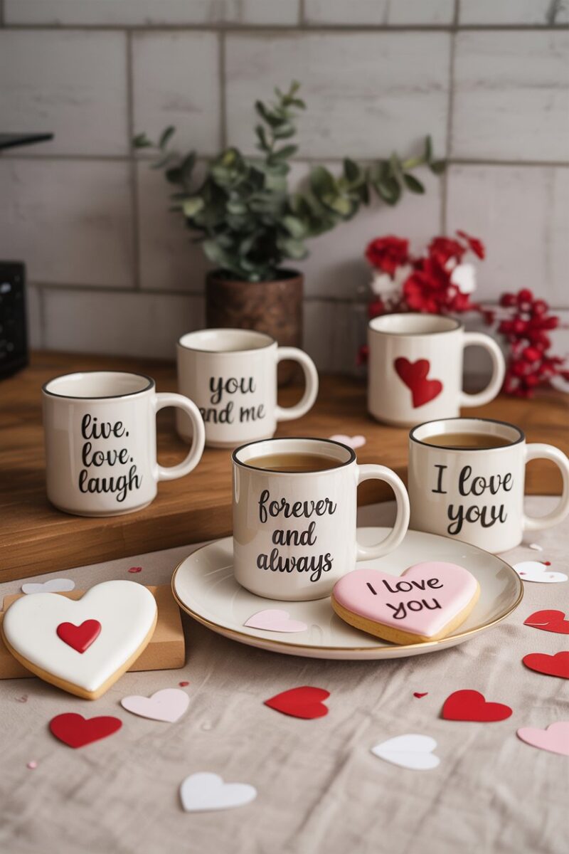 A collection of customized mugs with various designs and a heart-shaped cookie on a plate.