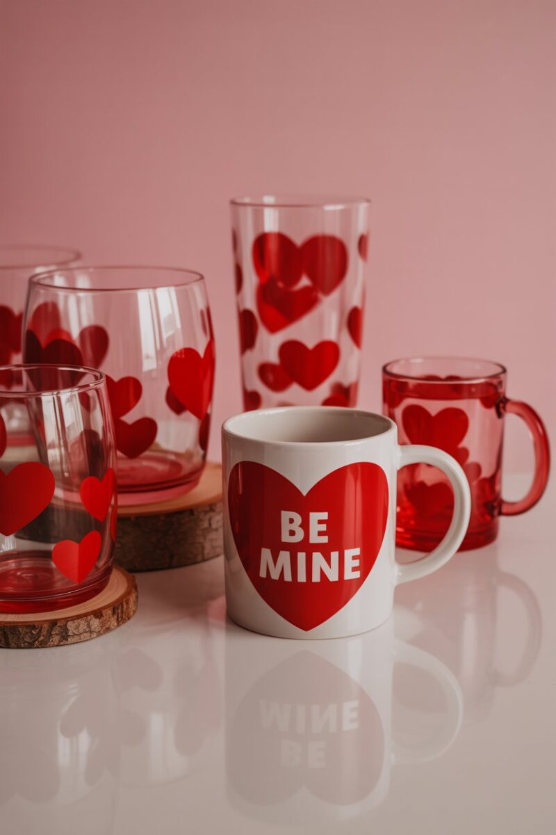 A collection of heart-themed drinkware including glasses and a mug with 'BE MINE' text.