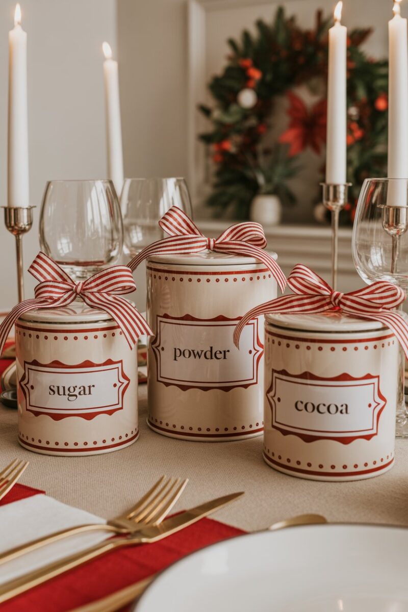 A collection of personalized canisters with festive ribbons and labels on a dining table.