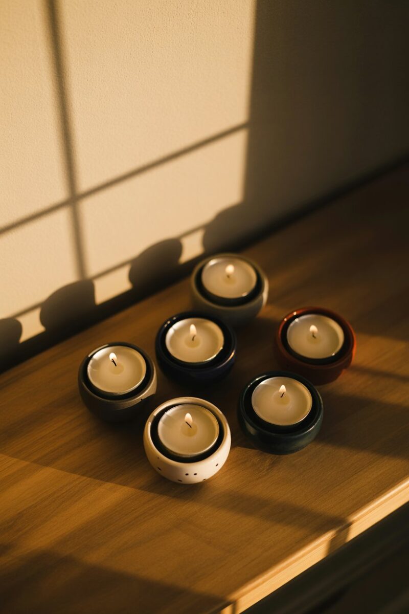 A collection of tea light holders on a wooden table, casting shadows on the wall.
