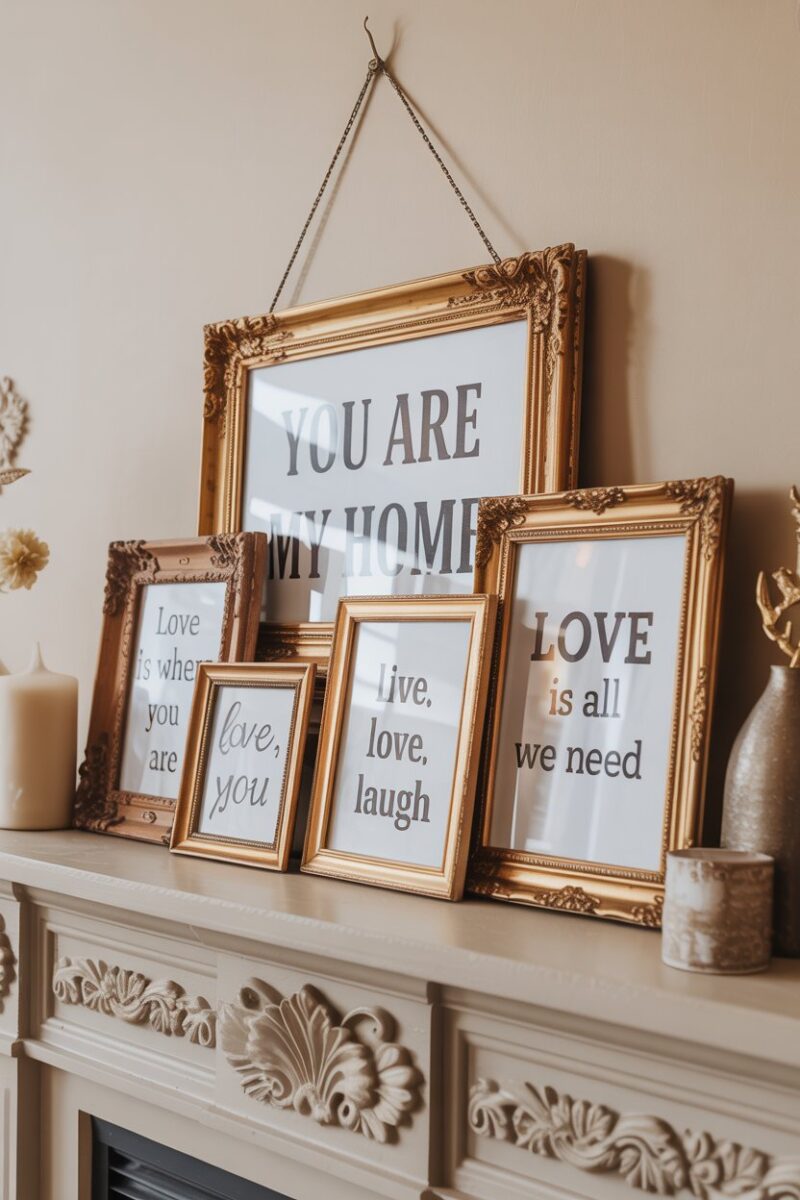 A collection of vintage frames with romantic quotes displayed on a mantel.