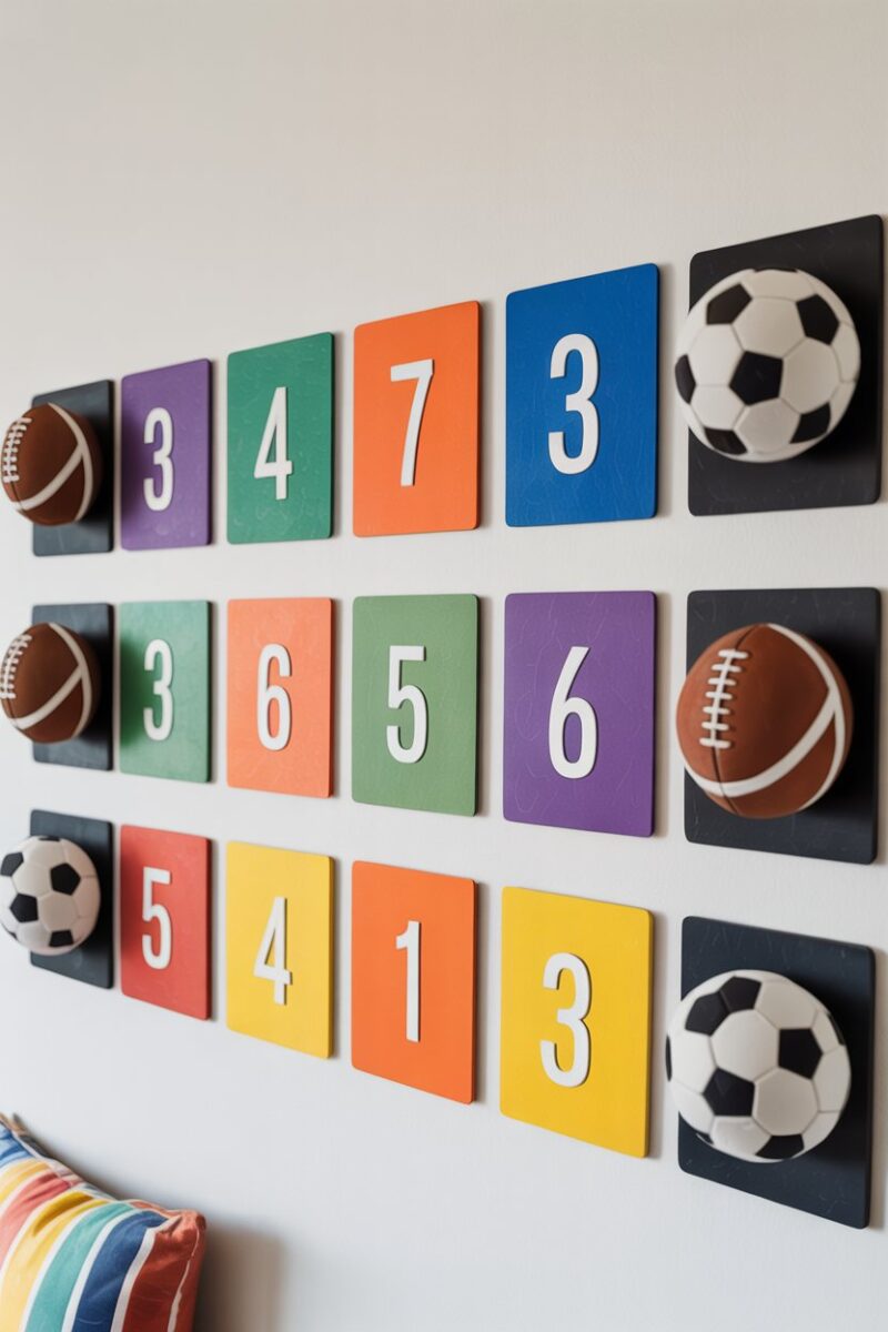 A colorful DIY scoreboard wall art featuring sports balls and score displays.