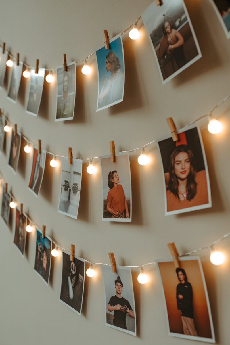 A colorful photo collage displayed with string lights.