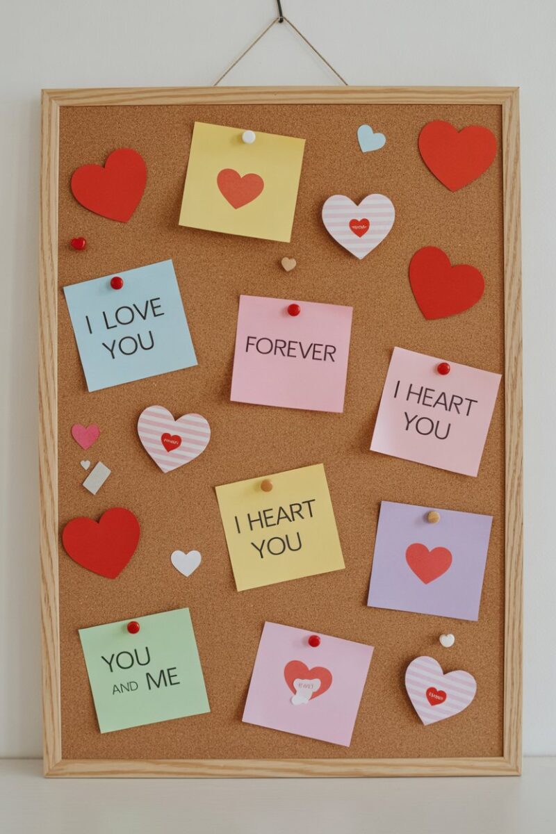 A corkboard filled with colorful notes and heart decorations for Valentine's Day.