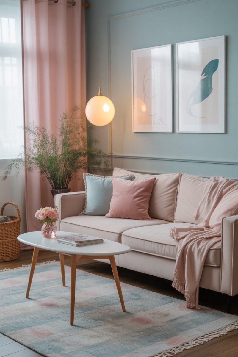 A cozy living room featuring pastel-colored decor with soft blue and pink accents.