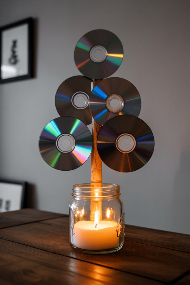 A creative candle holder made from a jar and old CDs arranged like a tree.