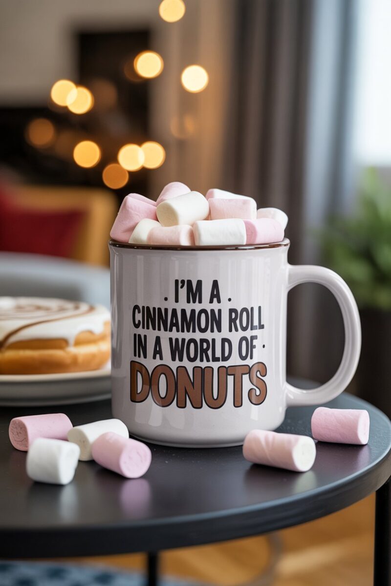 A customized mug with the text 'I'm a cinnamon roll roll in a world of donuts' filled with marshmallows, placed on a coffee table.