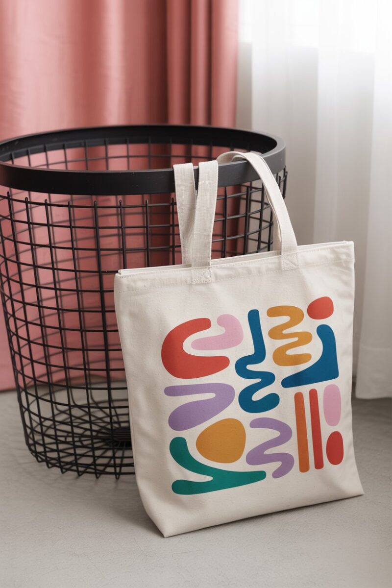 A customized tote bag with colorful abstract designs, placed next to a wire basket.