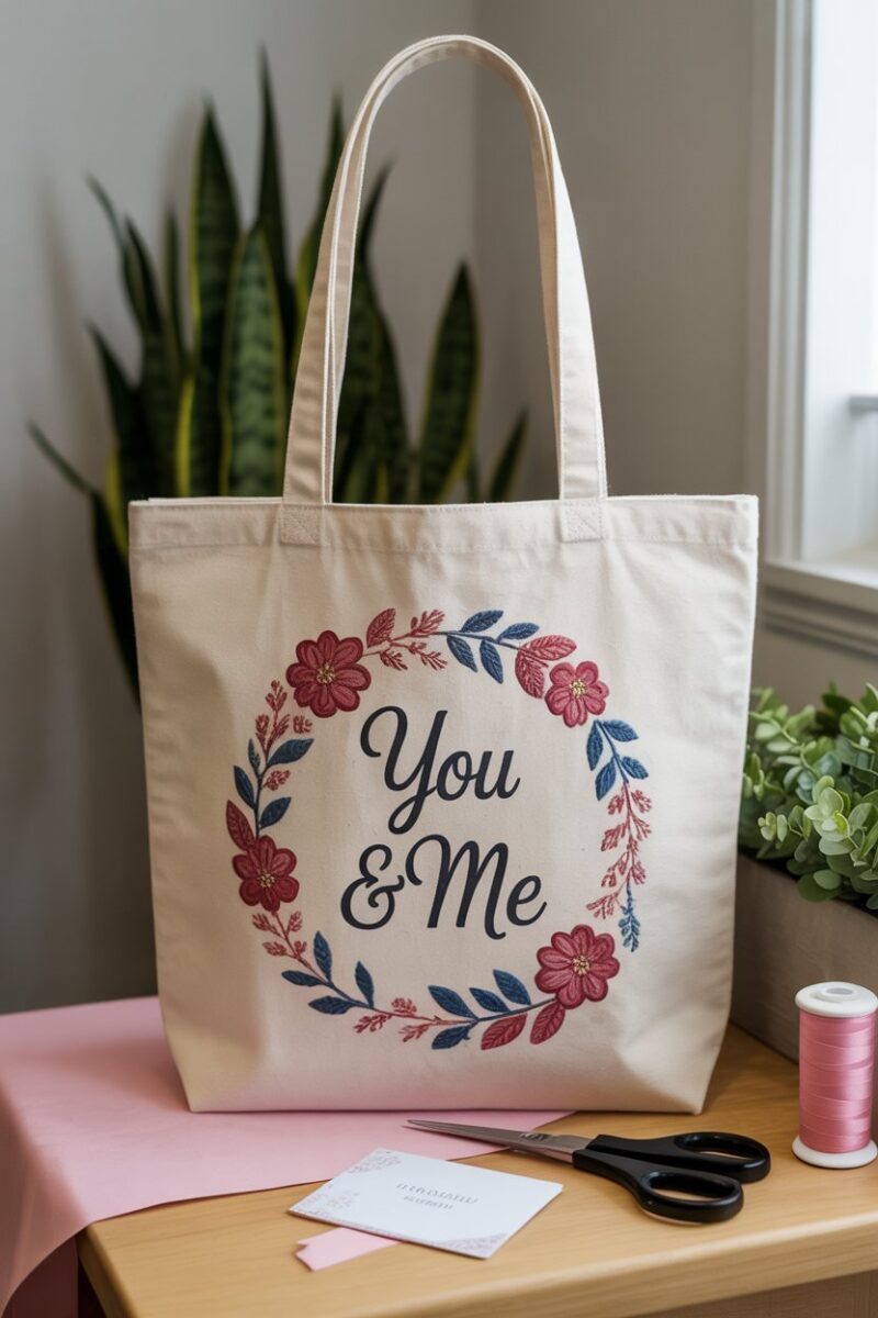 A customized tote bag with floral design and the words 'You & Me' on a table with sewing materials.