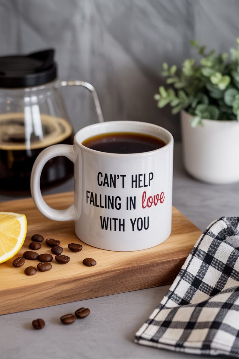 A customized white mug with a playful message beside a cup of coffee.