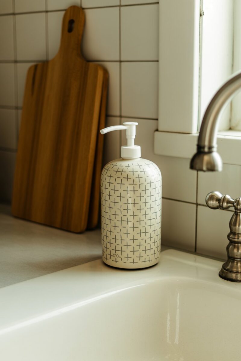 A decorative dish soap dispenser on a kitchen sink.