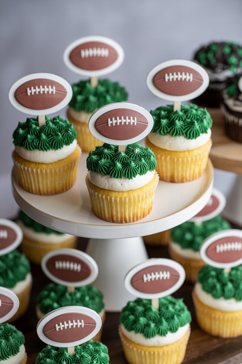 A display of cupcakes with football-themed toppers, showcasing vibrant colors and festive decorations.