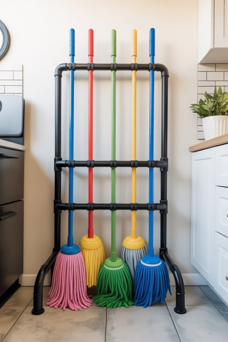 A DIY PVC pipe mop organizer holding colorful mops and cleaning supplies.