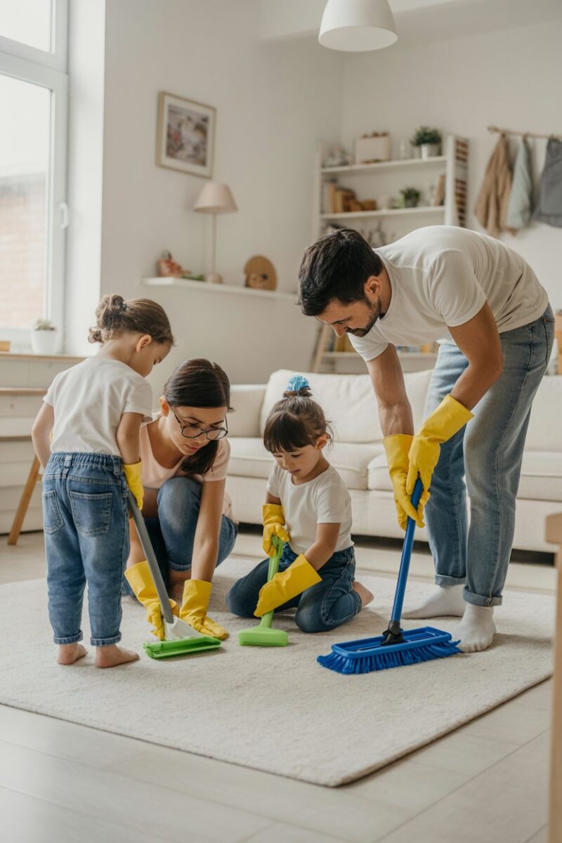 A family cleaning together in a bright room, with children using cleaning tools and adults supervising.