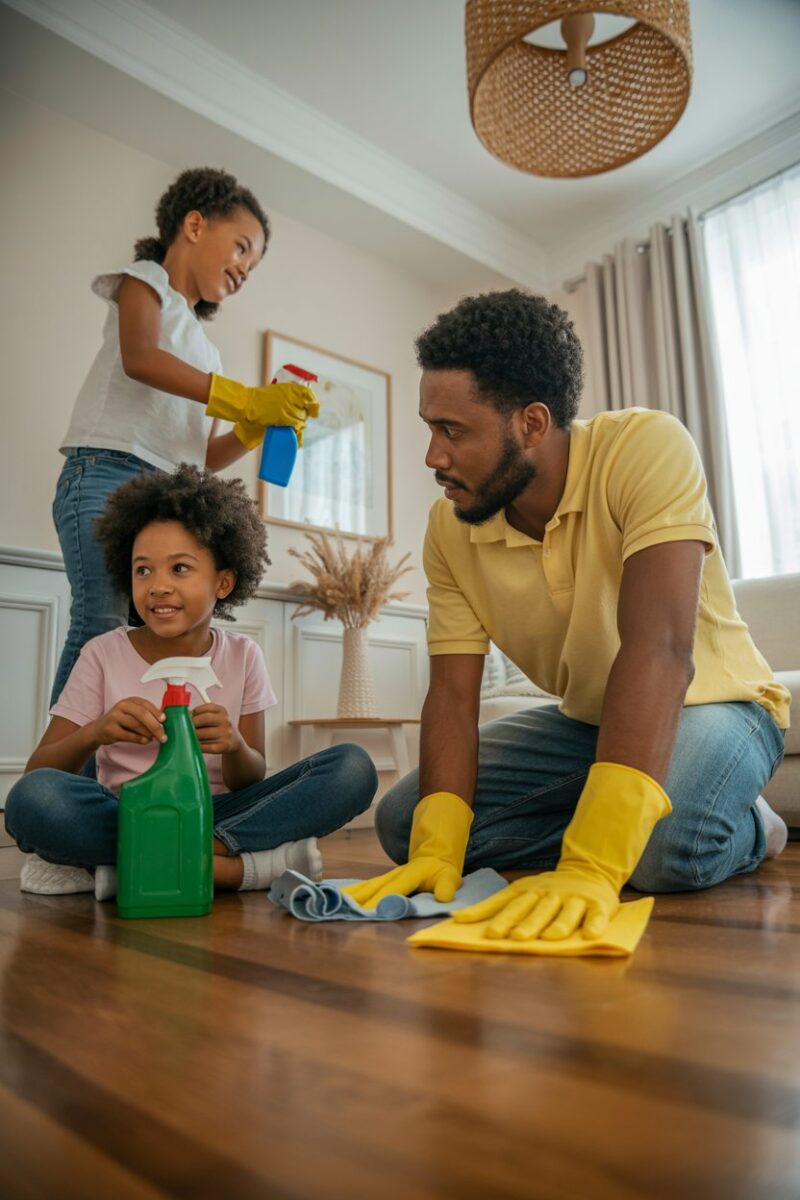 A family engaged in cleaning their home together.