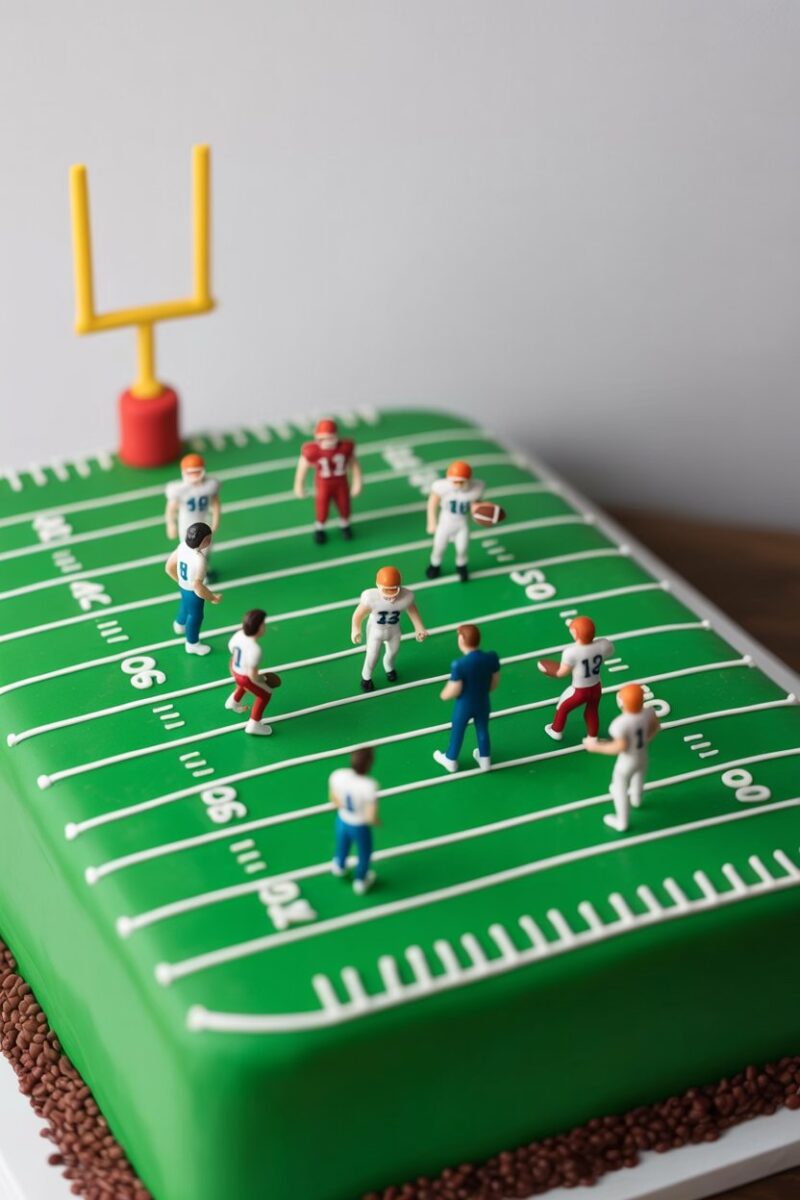 A football field cake decorated with miniature players and yard markers.