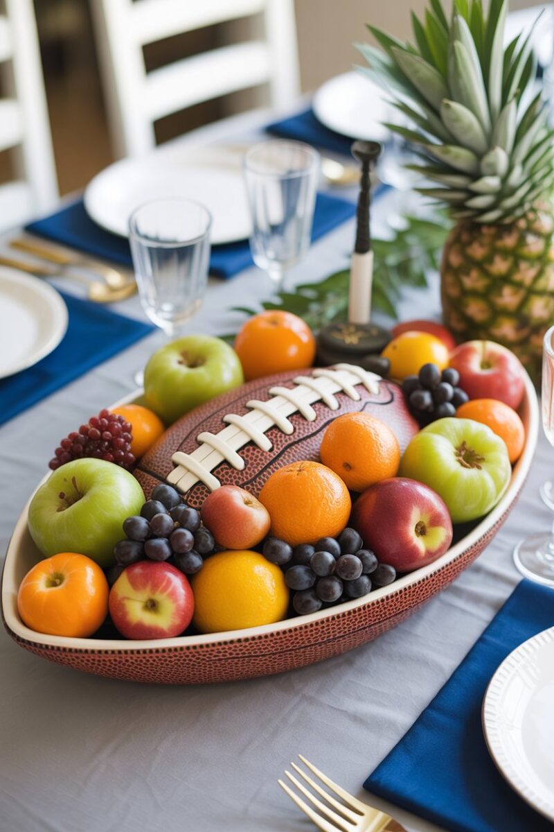 A football-shaped serving platter filled with assorted fruits on a table set for a party.