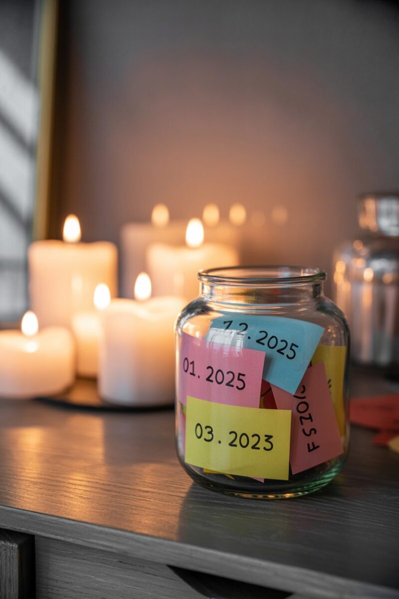 A glass jar filled with colorful notes, lit candles in the background.