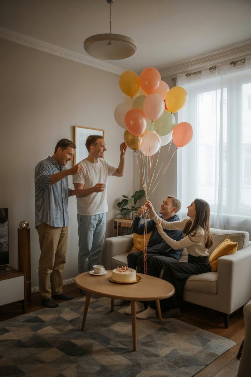 A group of people celebrating with balloons and a cake in a cozy living room.