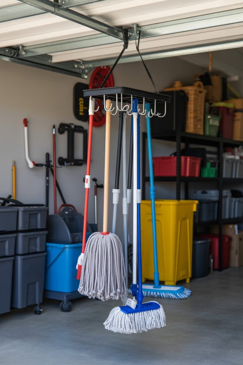 A hanging mop organizer displaying various mops and cleaning tools in a garage setting.