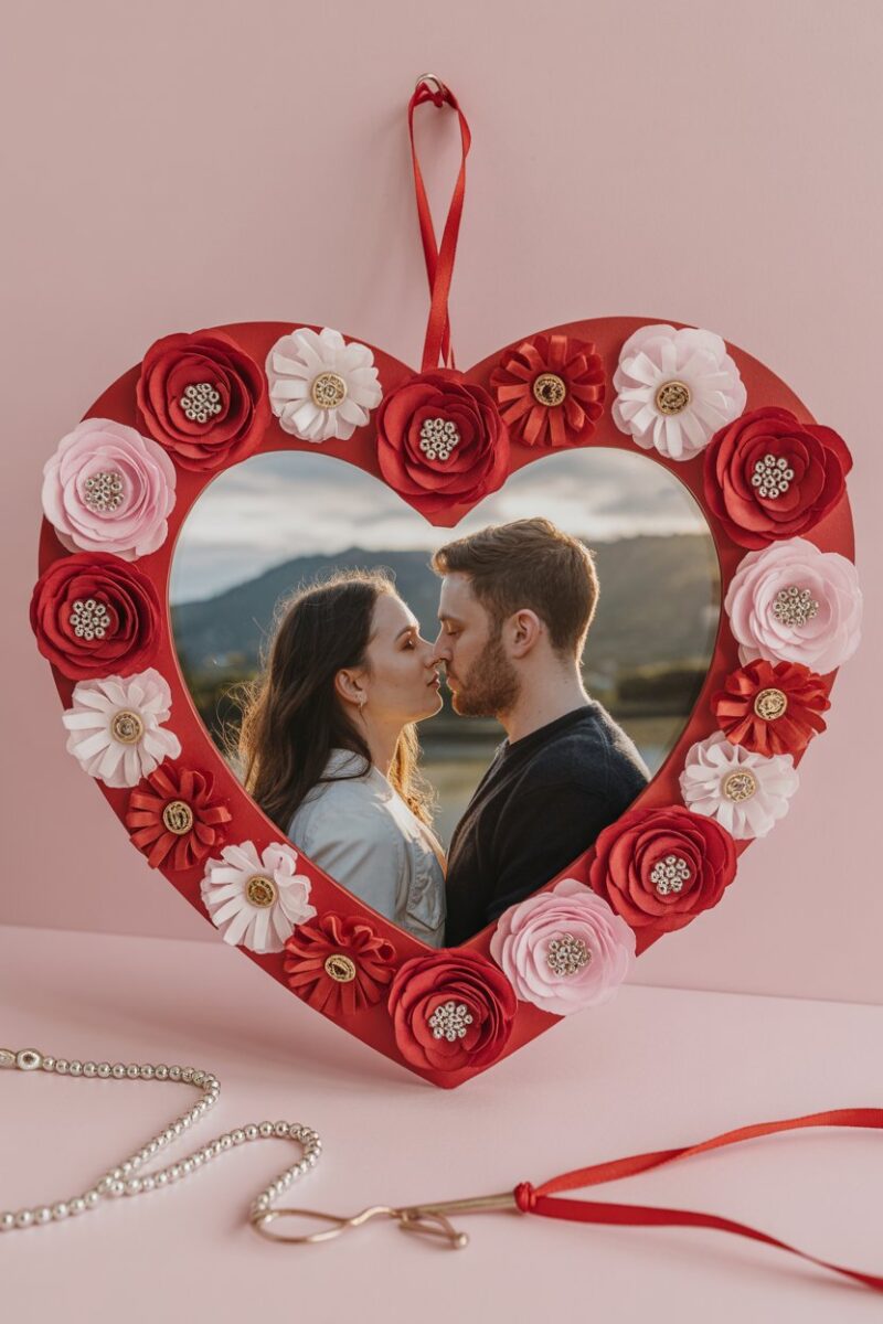 A heart-shaped photo frame decorated with red and pink embellishments, featuring a couple inside.
