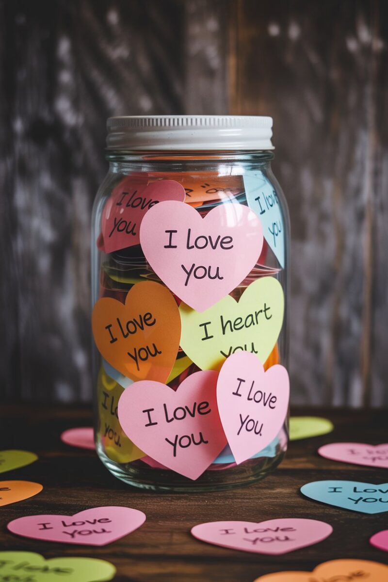 A jar filled with colorful heart-shaped notes, each with a love message written on it.