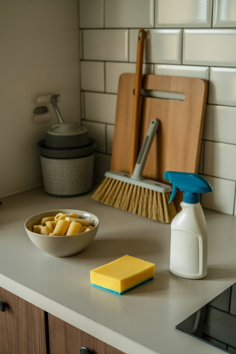 A kitchen counter with cleaning supplies, including a sponge, broom, and a bowl of pasta.