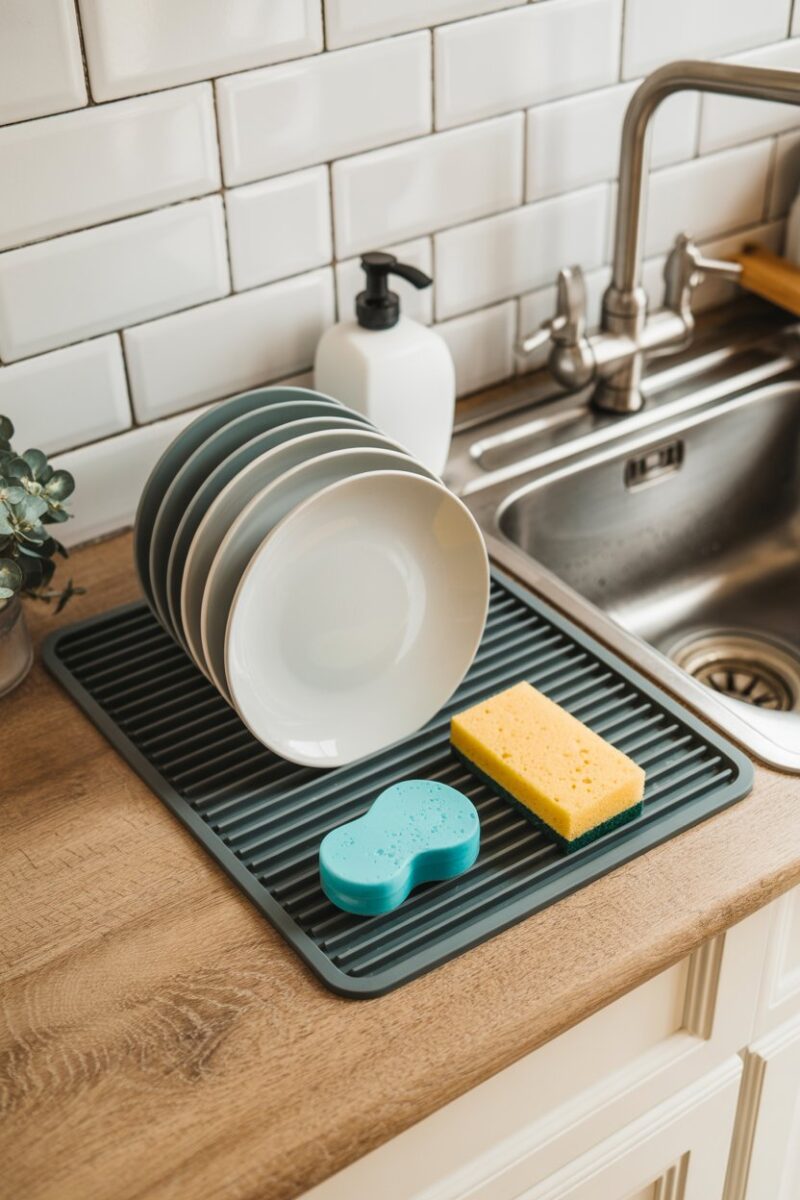 A kitchen sink area featuring a drying mat with clean dishes, a sponge, and dish soap.
