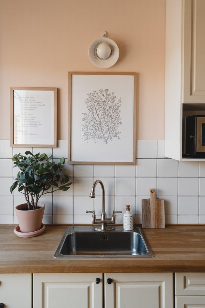 A kitchen sink area with a plant and artwork on the wall.