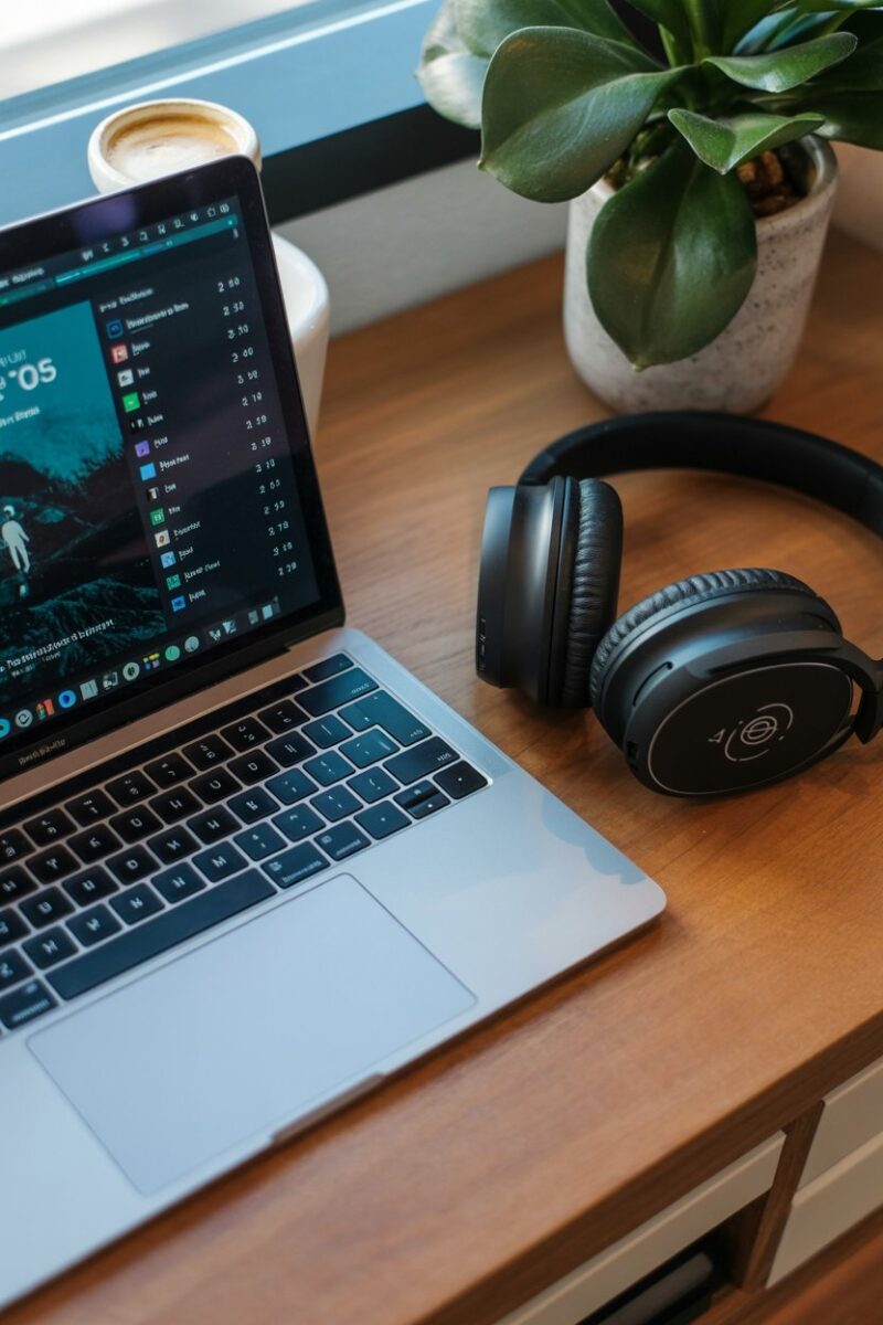 A laptop displaying a music playlist with headphones and a coffee cup on a wooden desk.