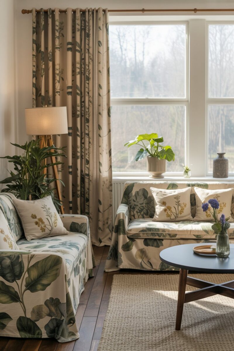 A living room with nature-inspired textiles, featuring floral patterned curtains, couch covers, and cushions.