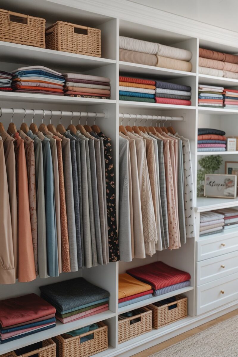 A neatly organized closet featuring fabric swatches and clothing.