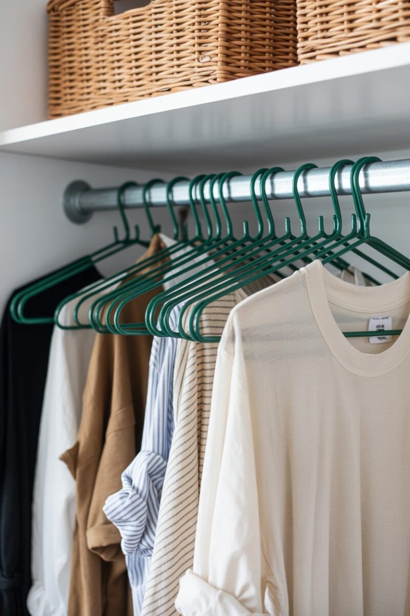A neatly organized closet with clothes hanging on green recycled plastic hangers.
