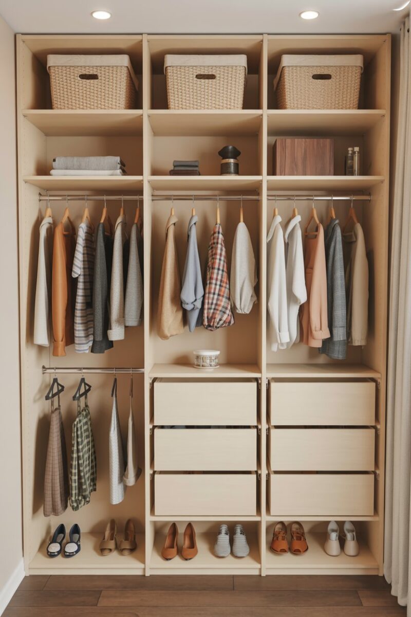 A neatly organized closet with vertical dividers separating clothing and shoes.