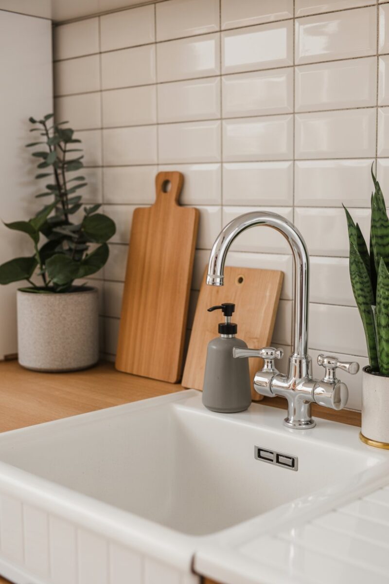 A neatly organized kitchen sink area with plants, a soap dispenser, and cutting boards.