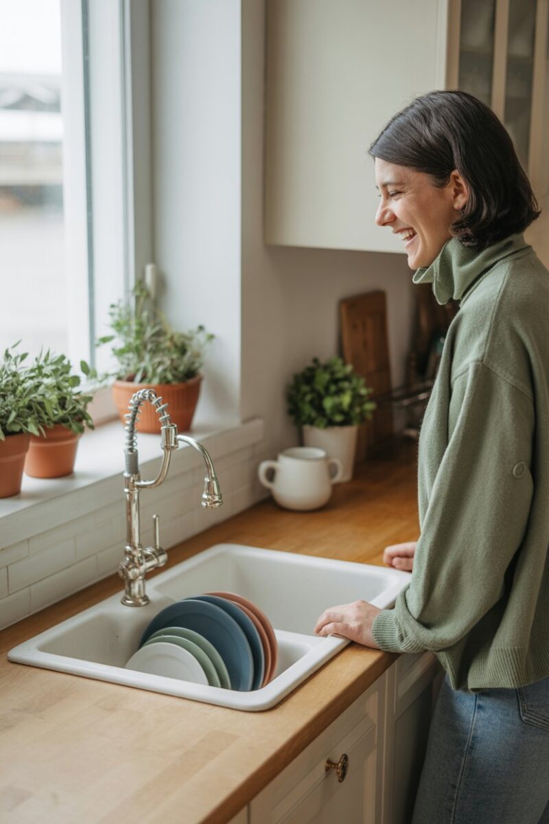 A person smiling while looking at a clean kitchen sink with dishes.