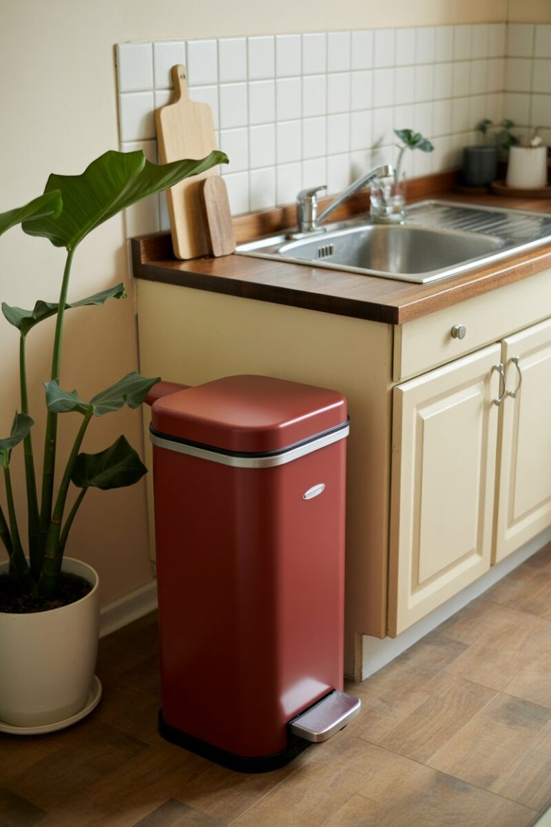 A red trash can next to a kitchen sink with a plant nearby.