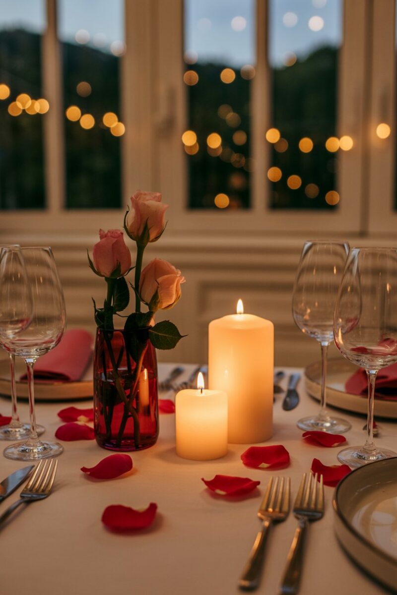 A romantic table setting with candles and rose petals.