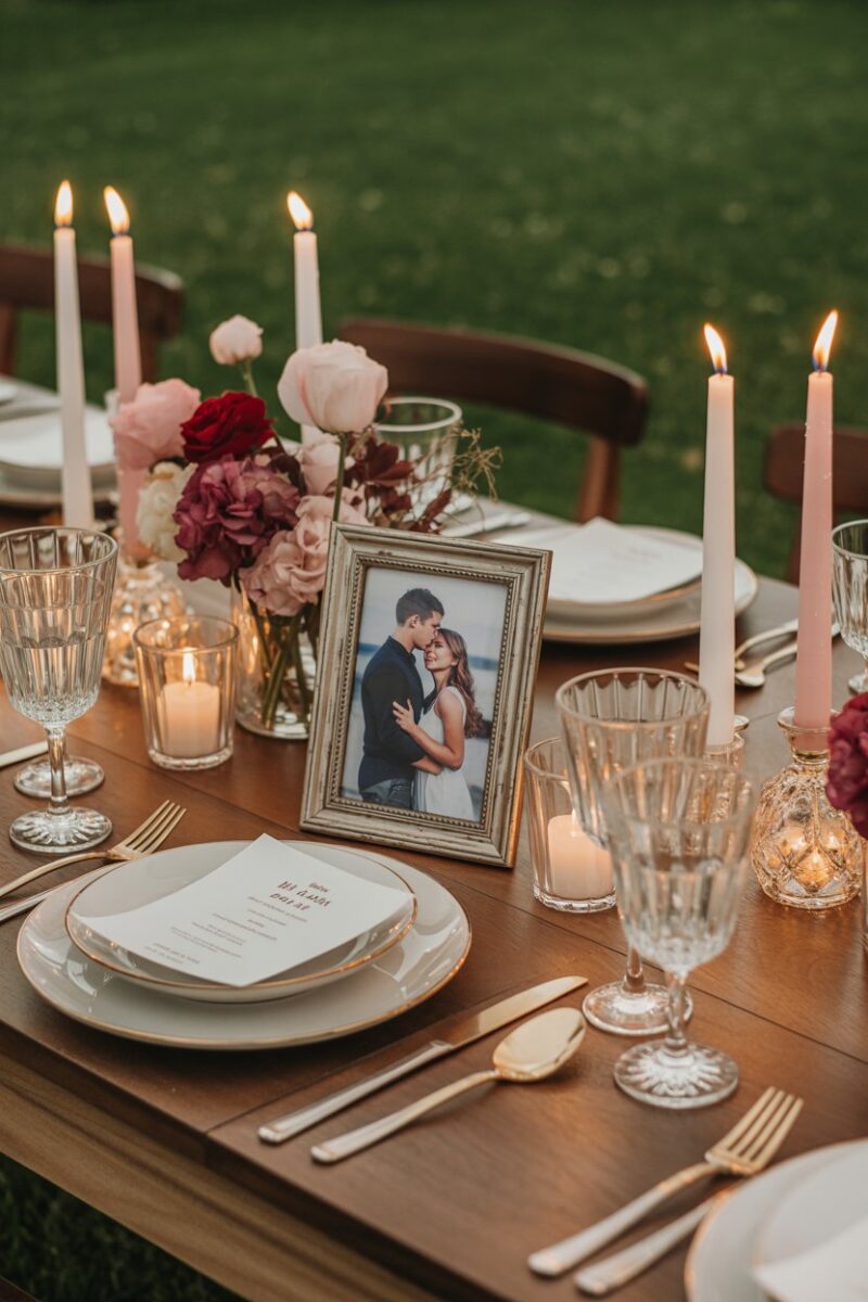 A romantic table setting with framed photos of couples, surrounded by flowers and candles.