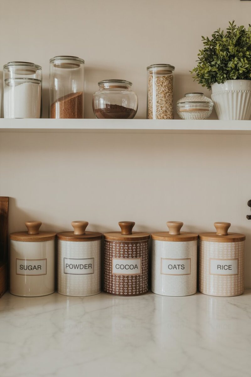 A row of decorative canisters with labels on a kitchen shelf.