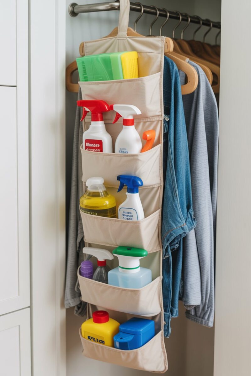 A shoe organizer filled with various cleaning supplies, hanging in a closet.