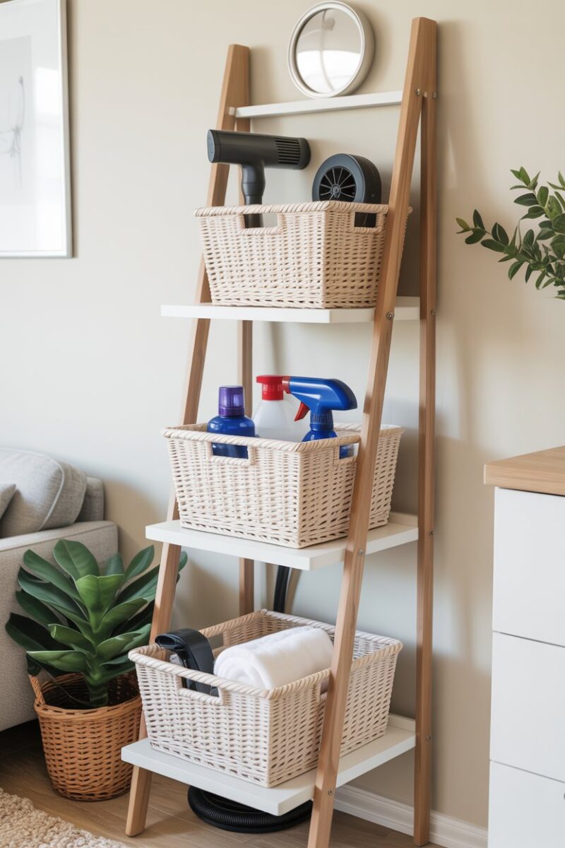 A stylish ladder shelf with white baskets containing vacuum accessories and cleaning supplies.